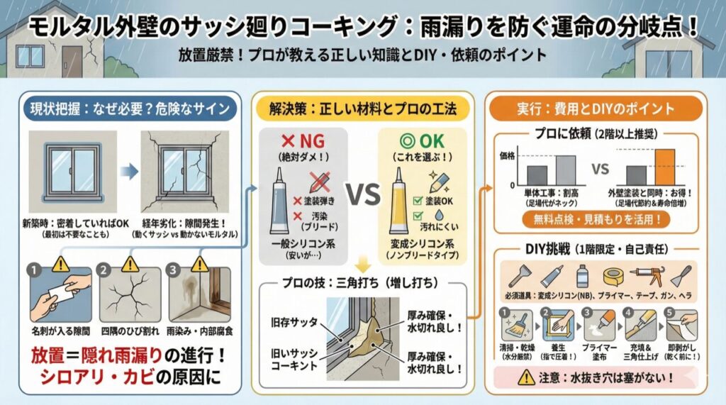モルタル外壁サッシ廻りコーキング:雨漏りを防ぐ運命の分岐点!