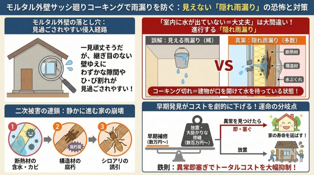 モルタル外壁のサッシ廻りコーキングで雨漏りを防ぐ
