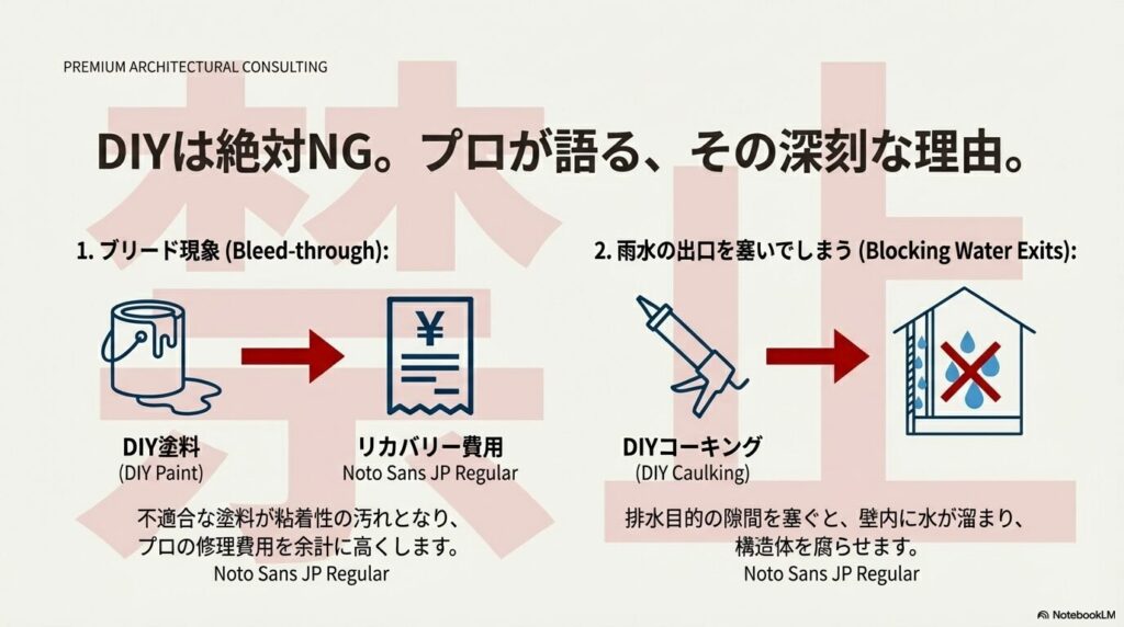DIYによる塗料やコーキングがNGである理由を解説したスライド。ブリード現象による汚れや、雨水の出口を塞いで構造体を腐らせるリスクがあり、リカバリー費用が高額になることを説明。