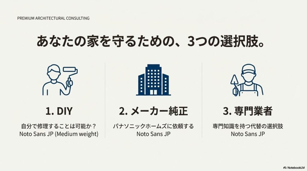 家を守るための3つの選択肢として、1.DIY(自分で修理)、2.メーカー純正(パナソニックホームズ)、3.専門業者(専門知識を持つプロ)を挙げているイラスト。