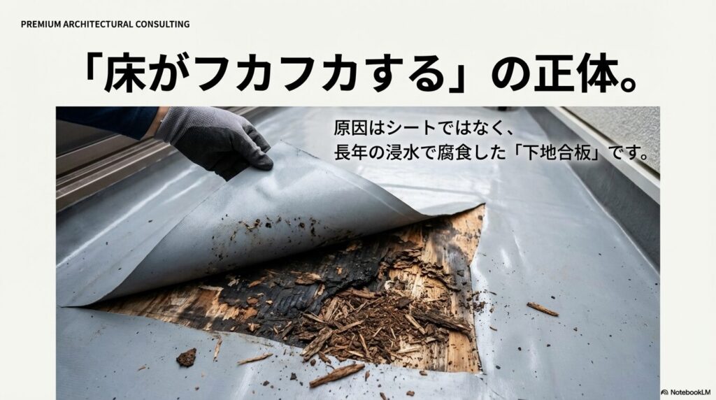 ベランダの防水シートをめくり、下の木製合板が長年の浸水で黒く腐食している様子を写した衝撃的な写真。床がフカフカする原因はシートではなく下地の腐食であることを解説。