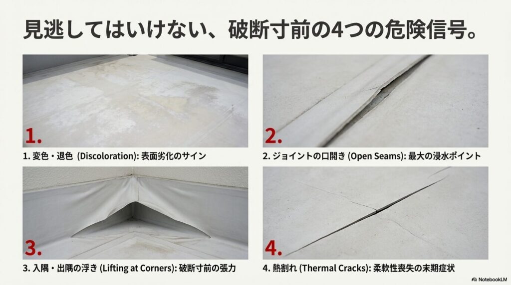 ベランダ防水の劣化写真4選。1.変色・退色、2.ジョイント(継ぎ目)の口開き、3.入隅・出隅の浮き、4.熱割れを示し、これらが破断寸前のサインであることを警告。