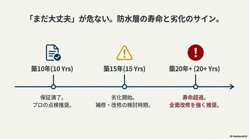 築10年、15年、20年のタイムライン。築15年で劣化が始まり補修検討時期に入り、築20年を超えると寿命超過で全面改修が強く推奨されることを示す図。