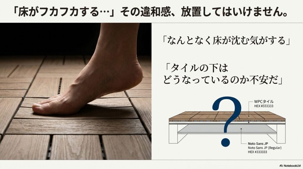 ベランダの床タイルを裸足で踏んでいる写真。タイルの下がどうなっているのか疑問を投げかけ、「床がフカフカする」という違和感を放置してはいけないと警告している。