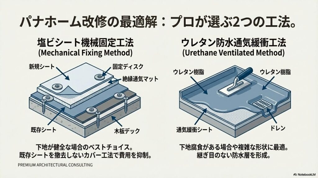 パナホームの改修に最適な2つの工法図解。左は既存シートの上に新規シートを固定する「塩ビシート機械固定工法」、右は下地腐食や複雑な形状に適した「ウレタン防水通気緩衝工法」。
