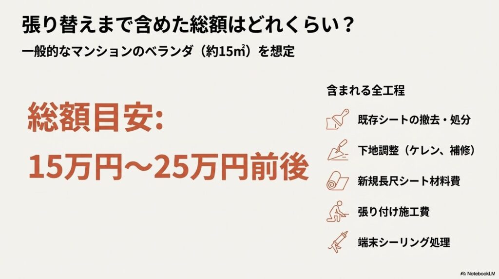 15平米のベランダを想定した工事総額(15〜25万円)と、そこに含まれる全工程のチェックリスト。