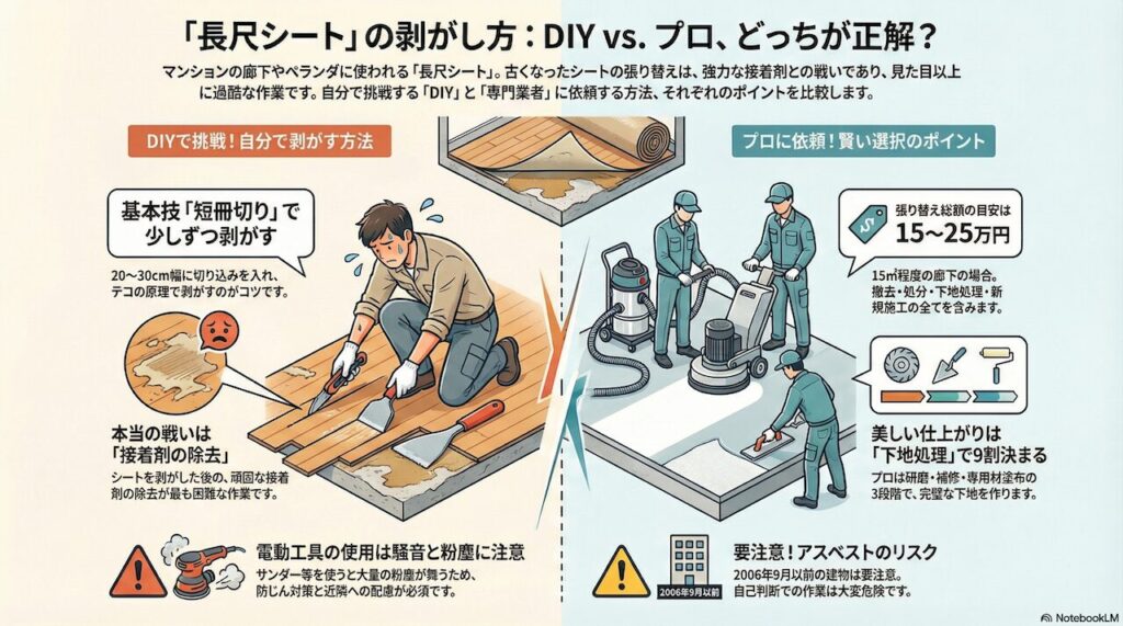 マンションの廊下やペランダに使われる「長尺シート」。古くなったシートの張り替えは、強力な接着剤との戦いであり、見た目以上に過酷な作業です。自分で挑戦する「DIY」と「専門業者」に依する方法、それぞれのポイントを比較します。