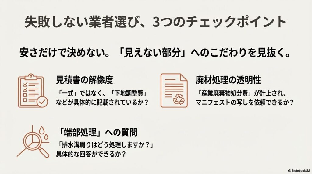 見積書の詳細、廃材処分の透明性、端部処理への回答など、業者選定時に確認すべきポイントをまとめたイラスト。