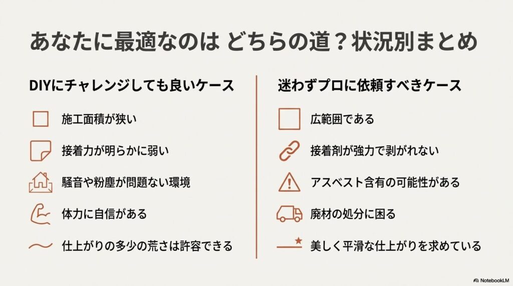 「DIYにチャレンジしても良いケース」と「迷わずプロに依頼すべきケース」を比較したチェックリスト表。