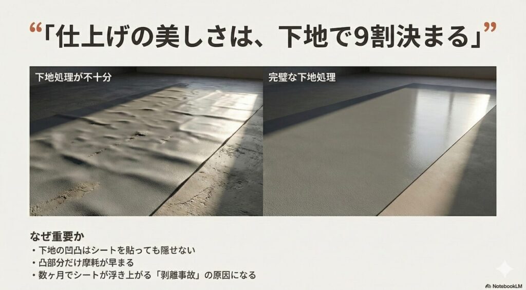 下地処理が不十分なままシートを貼り、表面がボコボコと波打ってしまっている失敗例の写真。「仕上げの美しさは下地で決まる」の文字。