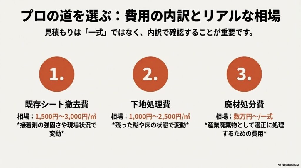 1.既存シート撤去費、2.下地処理費、3.廃材処分費の3つの項目とそれぞれの相場単価を示した図。