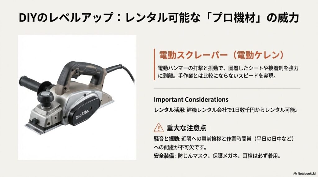 マキタ製の電動ケレン機の写真。手作業と比較して効率的に剥がせることを示すプロ機材の紹介。
