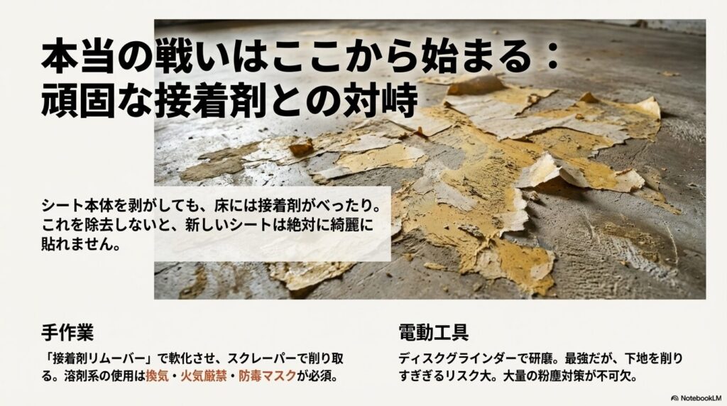 シートを剥がした後に残る接着剤の汚れ。「本当の戦いはここから始まる」というキャッチコピーとスクレーパーのイラスト。