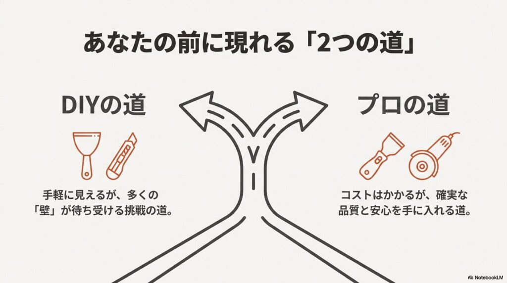 スクレーパーなどの工具と、「DIYの道」「プロの道」という2つの選択肢を示したイラスト。手軽さと品質の対比。