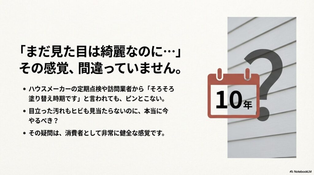 外壁のカレンダー画像と共に「築10年は本当に早すぎるのか?」と問いかけるイメージ画像。