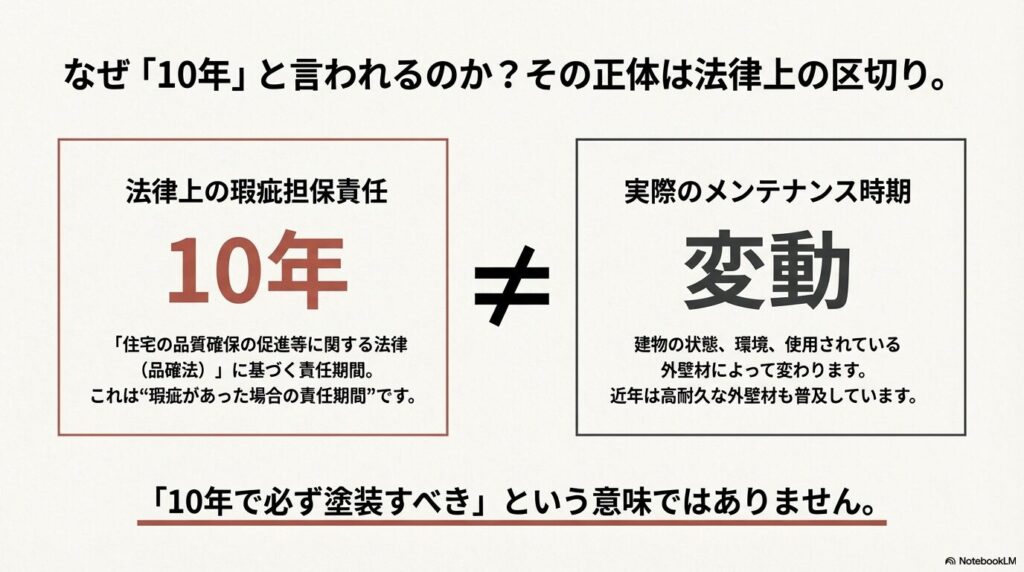 瑕疵担保責任の10年と、実際の建物の劣化によるメンテナンス時期はイコールではないことを解説した図。