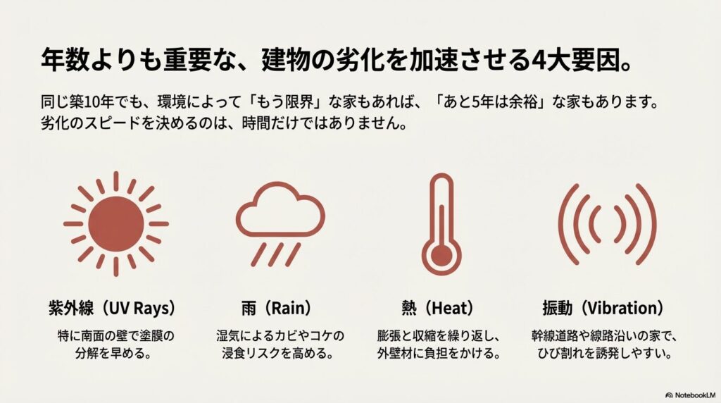 紫外線、雨、熱、振動がそれぞれどのように外壁にダメージを与えるかを説明したイラスト。