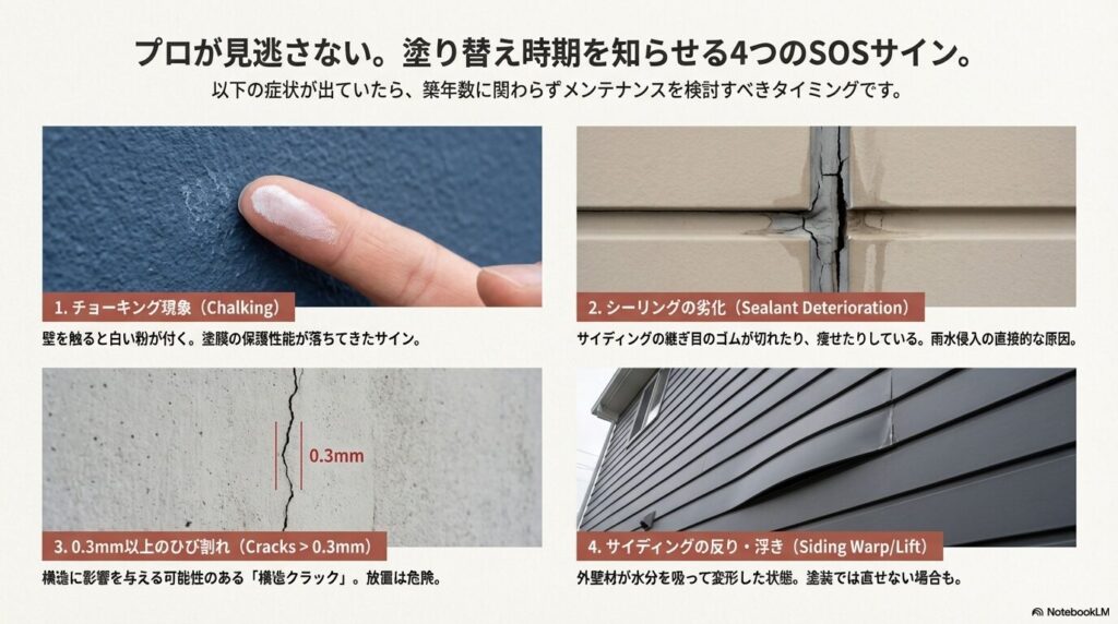 チョーキング現象、シーリングの劣化、ひび割れ、サイディングの反りの実際の写真と解説。