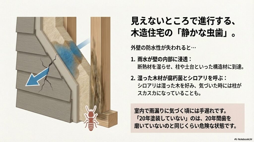 雨水が壁内部に浸透し、断熱材や柱を腐らせシロアリを呼ぶ様子を描いた木造住宅の断面図。