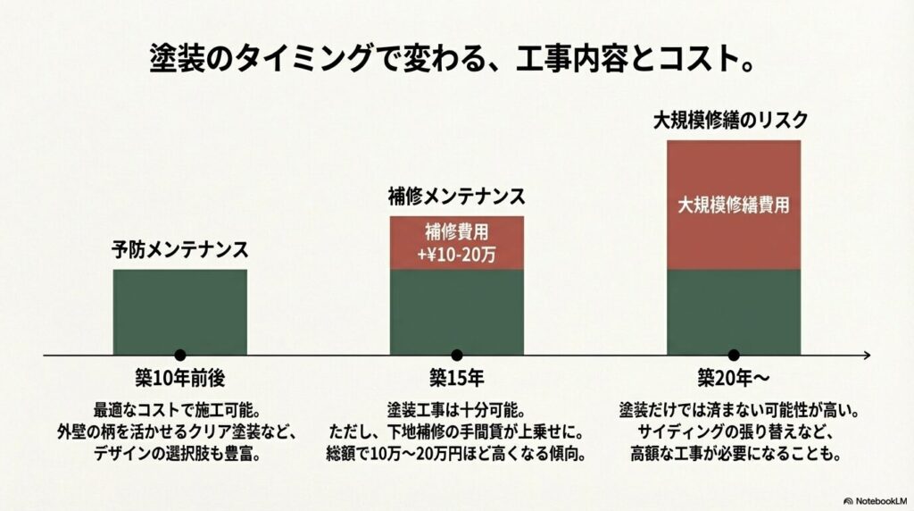 築10年前後での予防塗装に比べ、築15年、20年と経過するにつれて補修費用や大規模修繕のリスクが高まることを示した図。