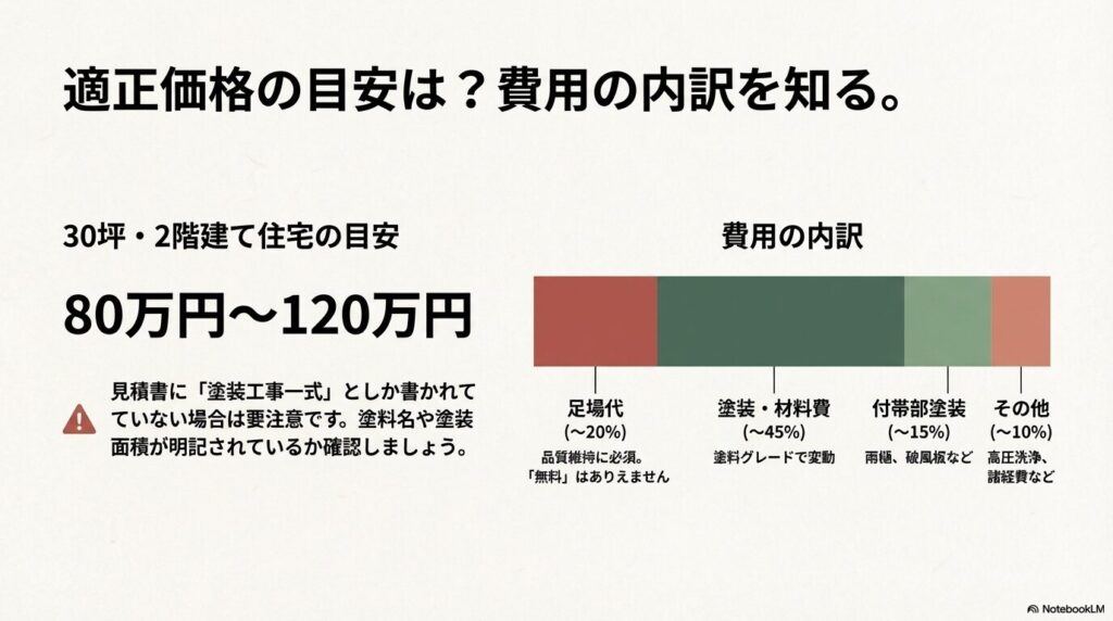 足場代(約20%)、材料費(約45%)、付帯部塗装費などの割合を示し、足場代無料がありえないことを解説した図。