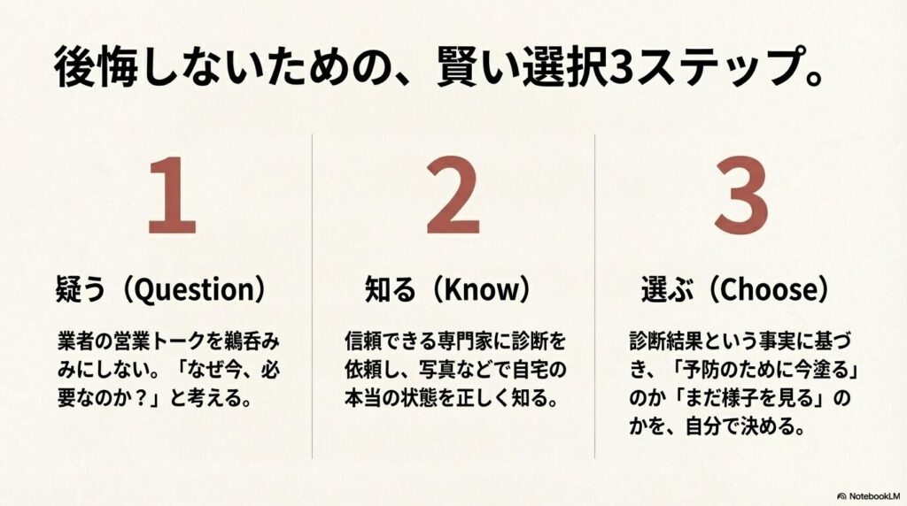 営業トークを疑い、診断で事実を知り、自分で選ぶという外壁塗装検討のプロセス図。