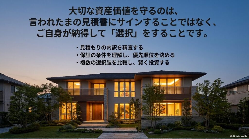 見積もりの精査、保証条件の理解、複数選択肢の比較など、資産価値を守るために施主自身が行うべき行動指針。