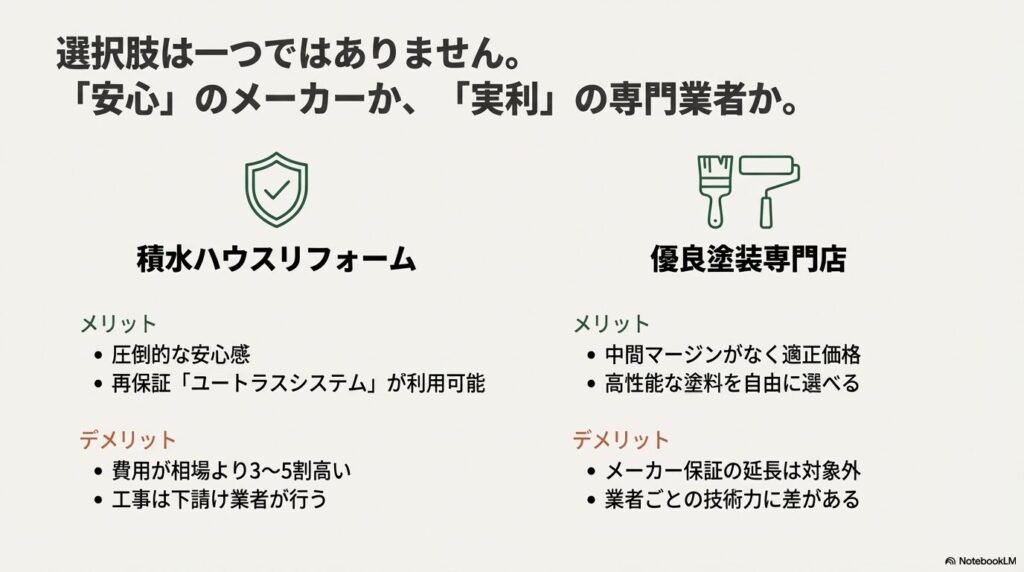 積水ハウスリフォーム（純正）と優良塗装専門店のメリット・デメリットを比較した一覧表。
