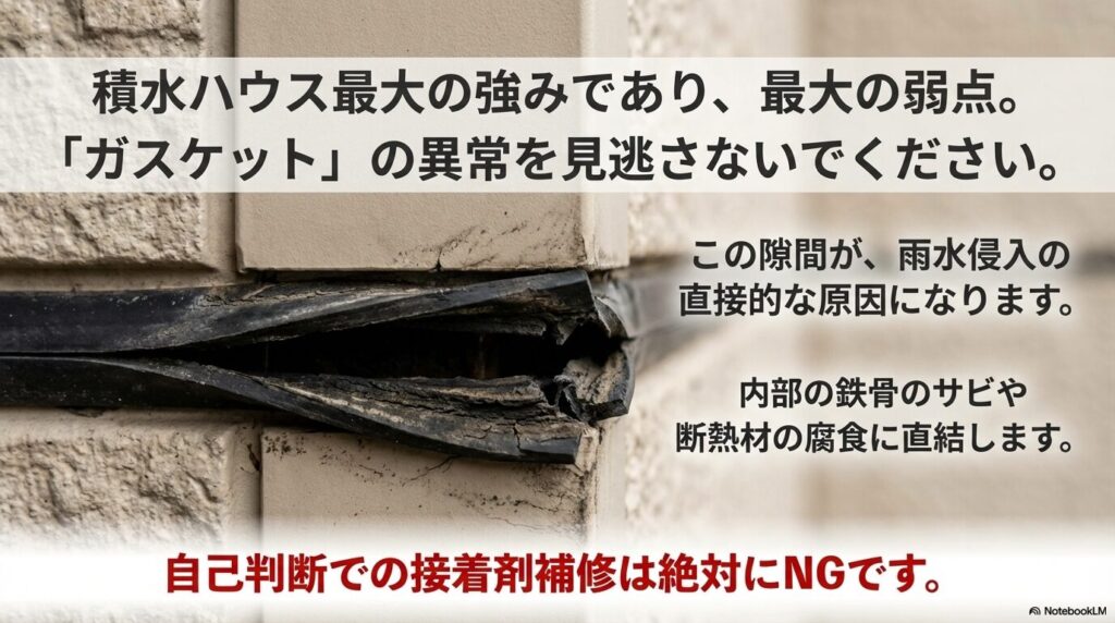 ガスケットの隙間から雨水が侵入し、内部の鉄骨サビや断熱材の腐食につながるメカニズムと、自己判断補修の危険性。