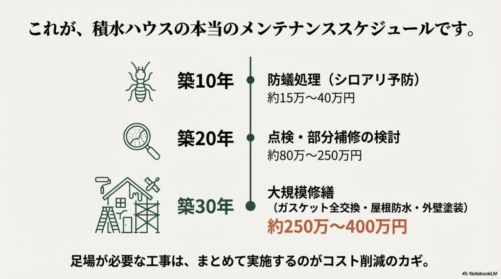 築10年、20年、30年の節目にかかる費用の目安と、足場代節約のための工事計画を示したメンテナンススケジュール図。