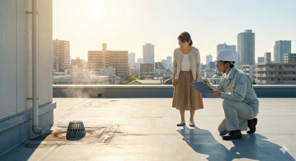 真夏の日差しの下、屋上で排水口や防水層の状態を点検する日本人の施主と点検員の様子。