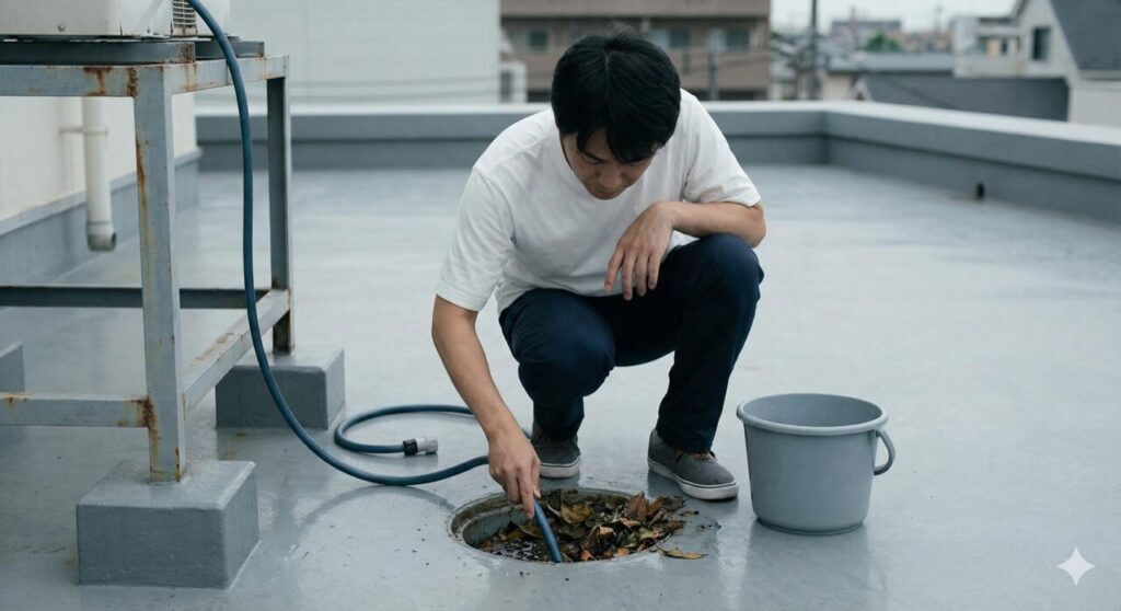落ち葉で詰まった屋上の排水口を掃除する日本人の住人と、汚れやサビの兆候が見える屋上の様子。