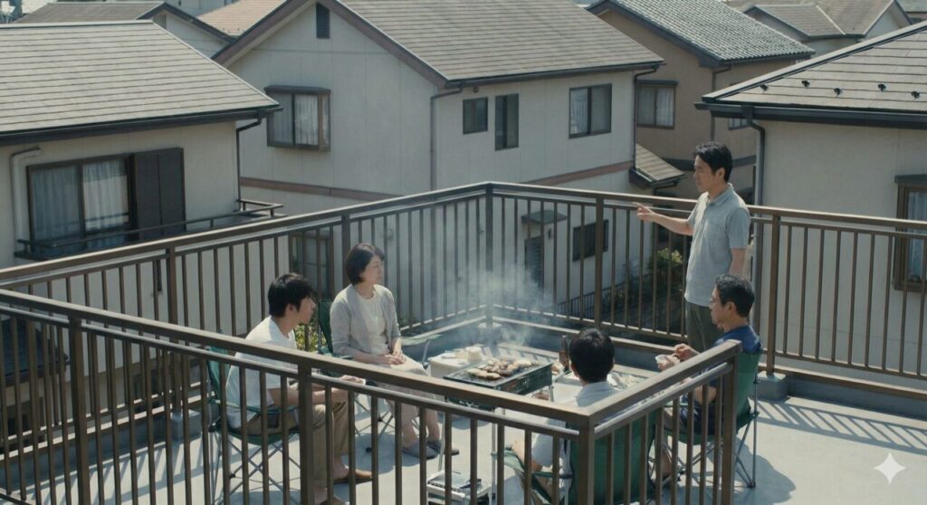 屋上で過ごすグループが、近隣への音や匂いに配慮しながら楽しんでいる様子。