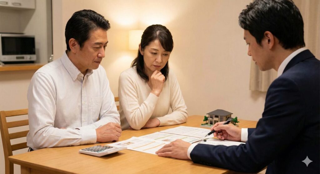 30年先の修繕費を見据えて、専門家と維持管理計画を確認する日本人夫婦の様子。