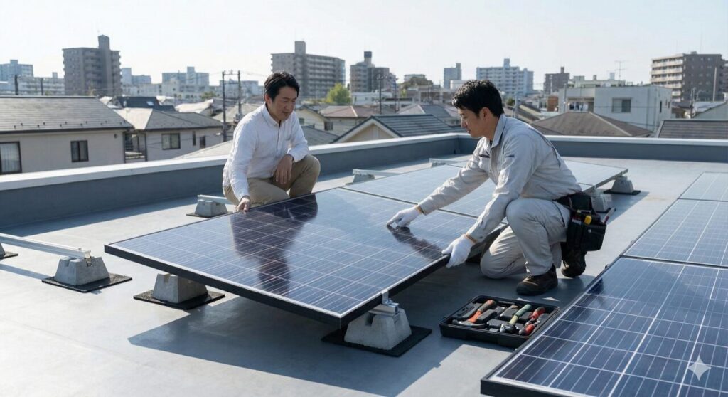 屋上の太陽光パネルと設置方法を確認し、将来のメンテナンスや負担を考える日本人の施主と施工者。