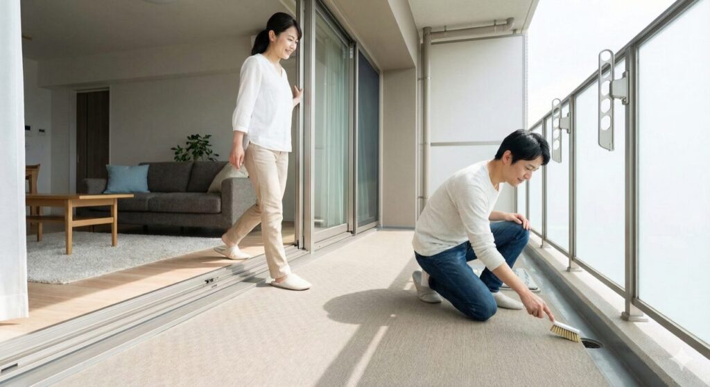 リビングから出やすいベランダで、排水口を掃除して防水を長持ちさせる日本人家族の様子。