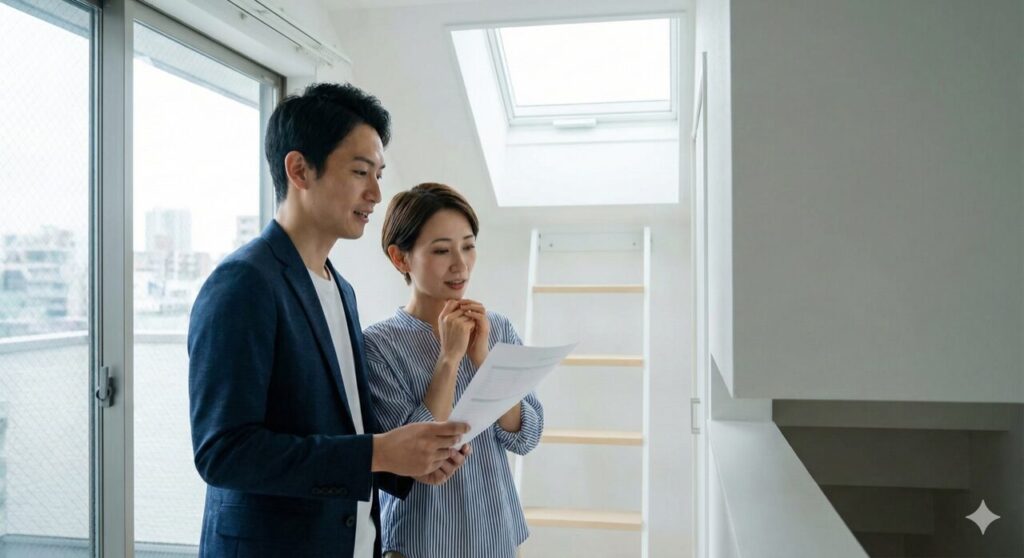 屋上付き住宅を検討する夫婦が、費用と使い勝手の不安を感じながら話し合っている様子。
