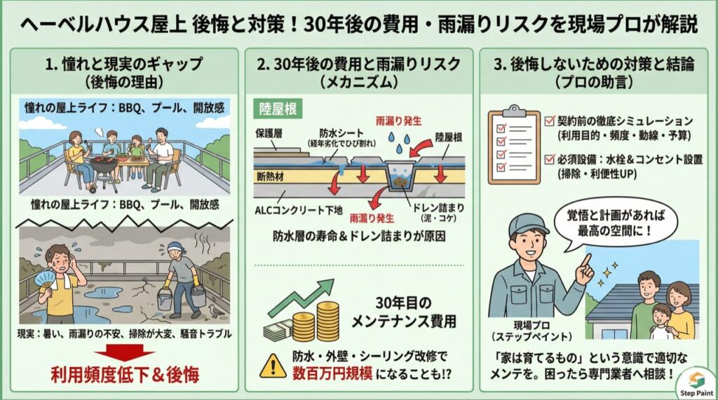 ヘーベルハウス屋上後悔と対策！30年後の費用・雨漏りリスクを現場プロが解説