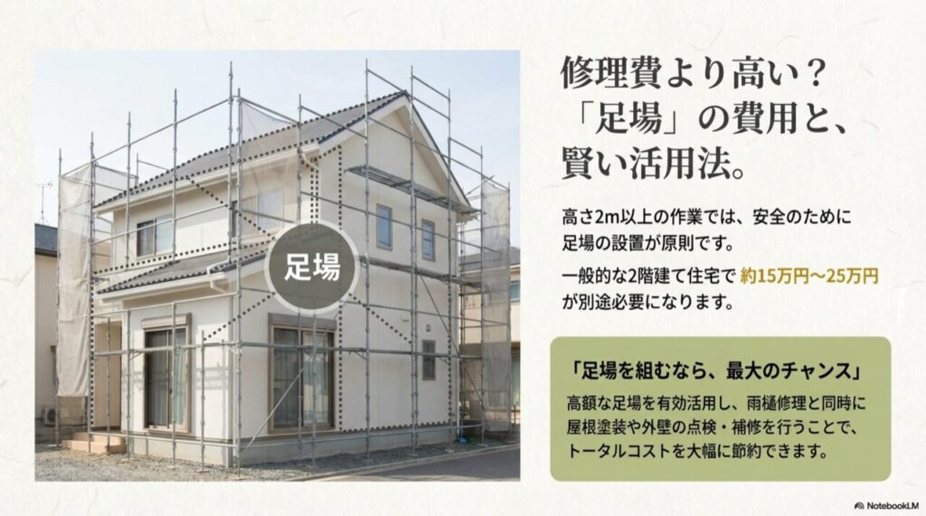 住宅全体に足場が組まれている様子。外壁塗装と同時施工のメリット解説図