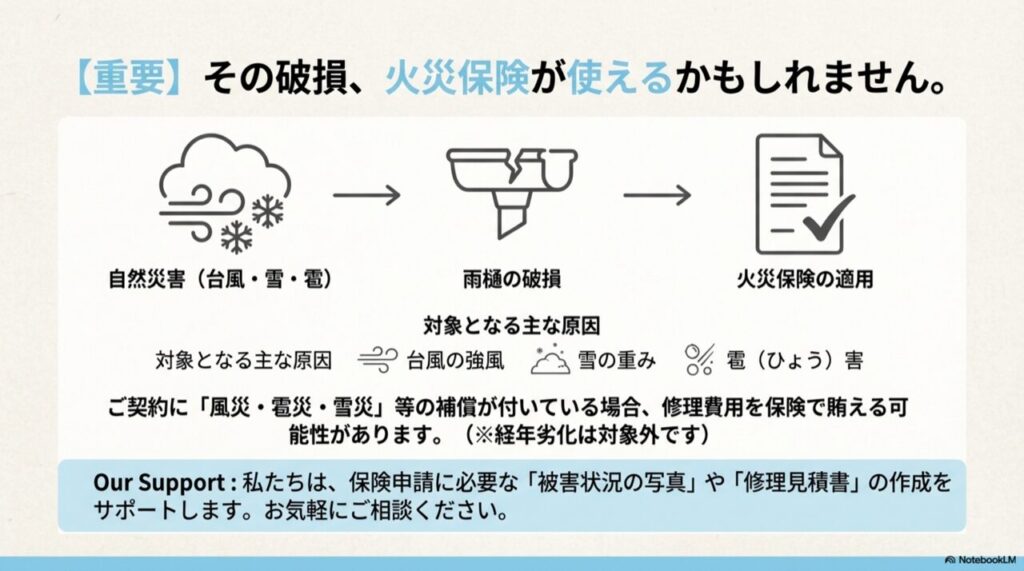 台風や雪の重みによる雨樋破損と火災保険適用の条件を示すイメージ図