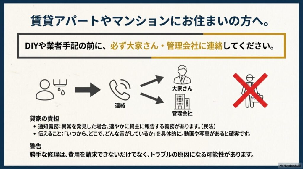 賃貸物件で雨樋トラブルが起きた際の大家さん・管理会社への連絡フロー図