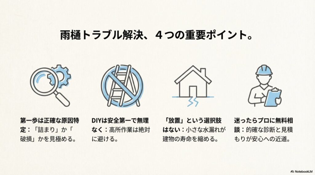 雨樋トラブル解決の4つの重要ポイント（原因特定、安全第一、放置厳禁、プロ相談）のまとめ図