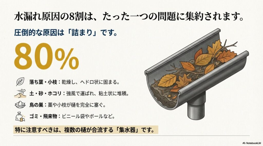 落ち葉や枝が詰まってヘドロ状になった雨樋の断面イラスト