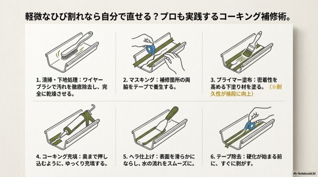 雨樋のコーキング補修手順（清掃、養生、プライマー、充填、ヘラ仕上げ、テープ除去）のイラスト