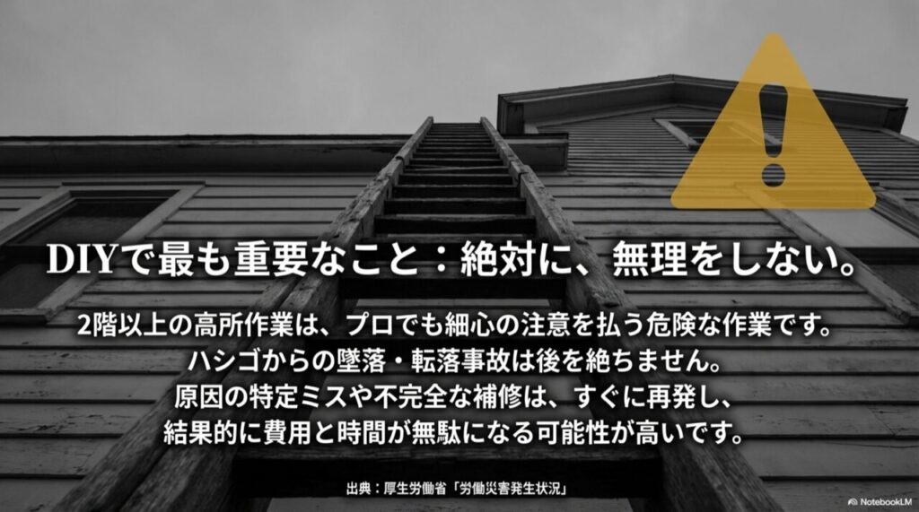 ハシゴを使った高所作業の危険性と転落事故防止を呼びかける警告画像