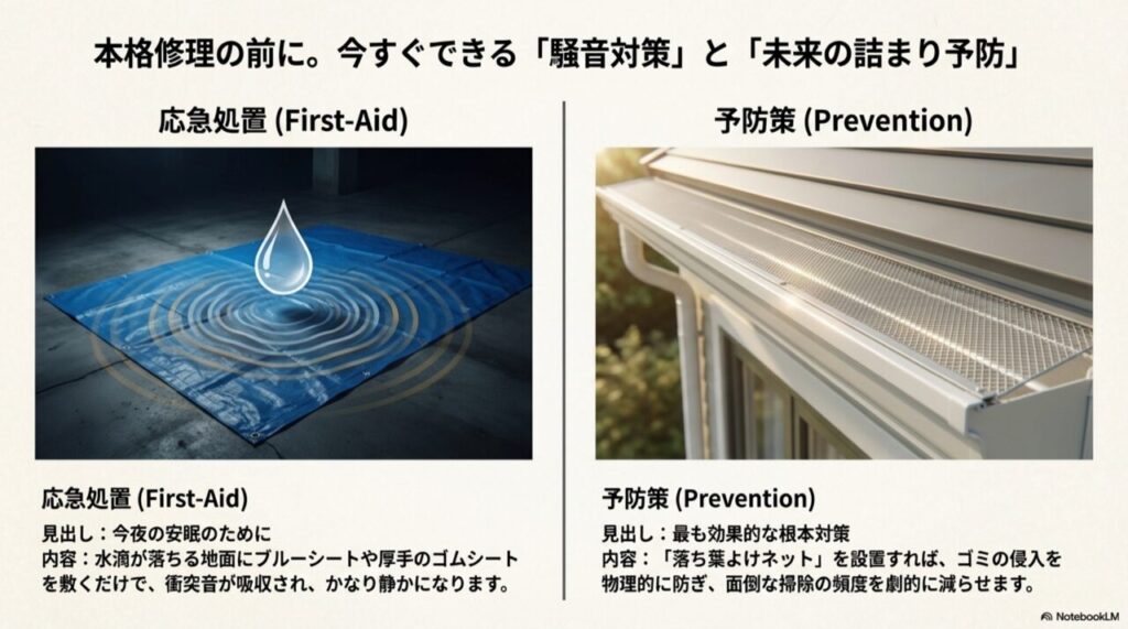 雨音を吸収するシートと落ち葉の侵入を防ぐネットの設置イメージ図