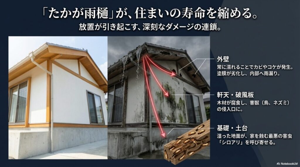 雨樋の水漏れが原因で起こる外壁のシミ、木材の腐食、シロアリ被害の図