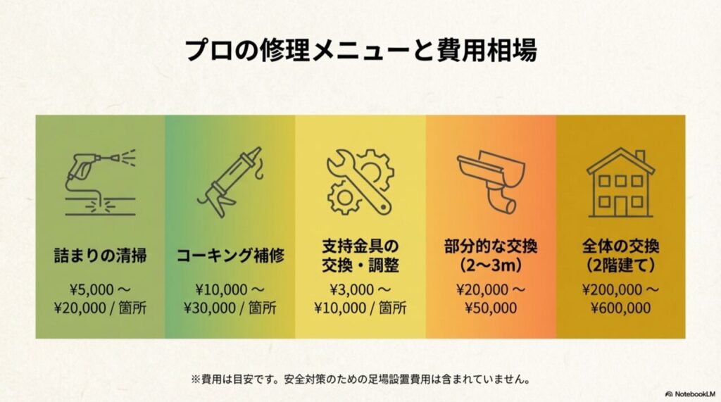 雨樋修理のメニュー（清掃、コーキング、交換）と道具のアイコンイラスト