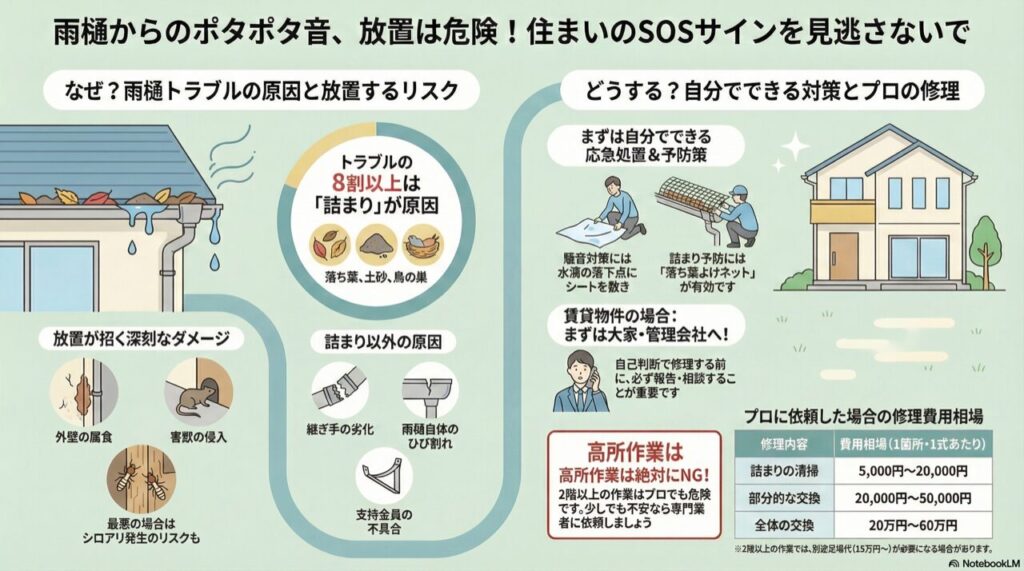 雨樋からのポタポタ音、放置は危険！住まいのSOSサインを見逃さないで