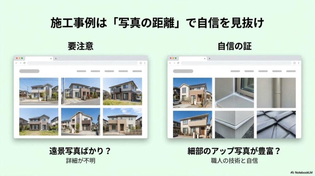 遠景ばかりの施工事例（要注意）と、窓枠や配管裏などのアップ写真がある施工事例（信頼の証）を比較したWebサイトのイメージ図